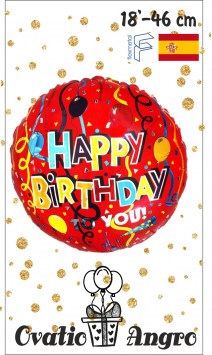 Фольгированный шар круг Happy Birthday конфетти-1 18''/46 см