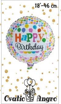 Balon folie rotund Happy Birthday confeti 18''/46 cm