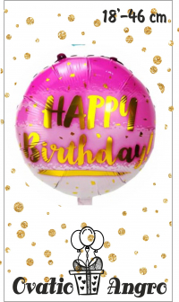 Balon folie rotund Happy Birthday roz 18''/46 cm