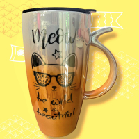 Ceasca ceramica cu capac termo Pisicuta portocalie